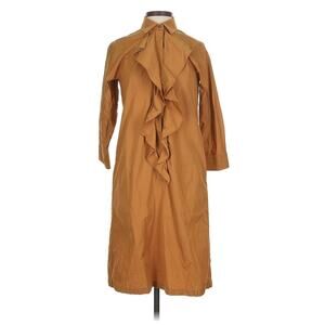 MAX MARA Caramel Brown Cotto. Poplin Ruffle Shirt Dress US 4